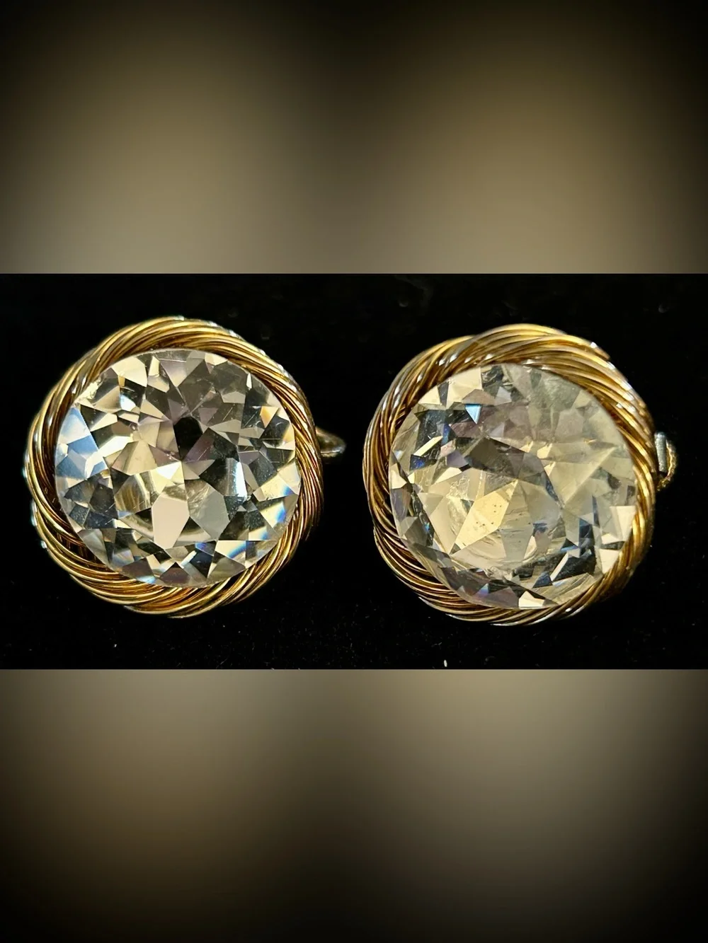 Signed VENDOME gold tone wire-wrapped vintage rhinestone screw back earrings